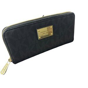 Michael Kors Jet Set Zip-Around Wallet Black Logo Pattern Gold Hardware